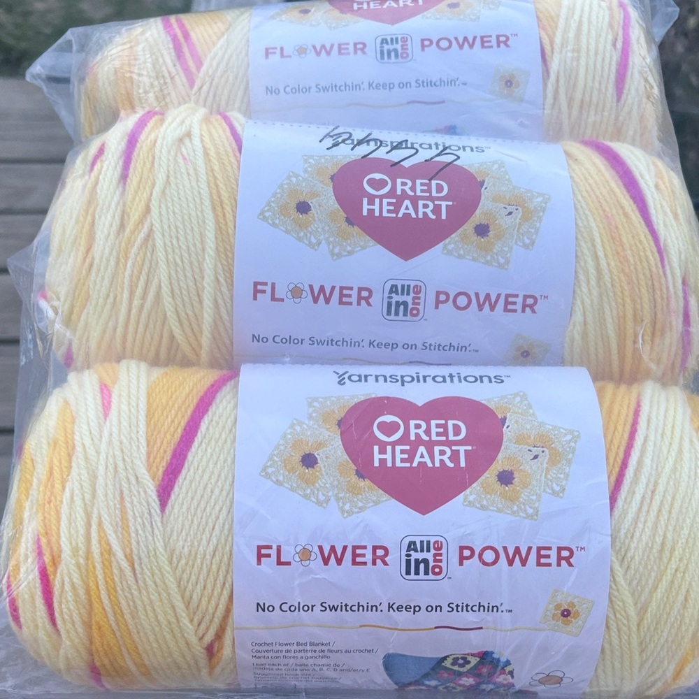 Red Heart Flower Power Yarn - Soft Yellow with Pink & Cream Stripes